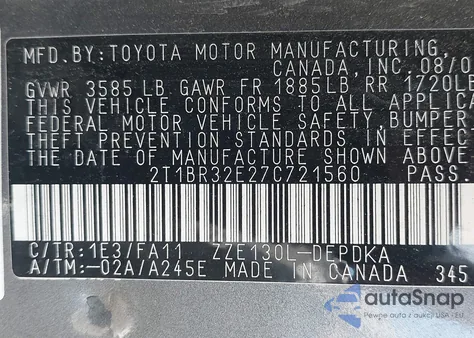 2007 Toyota Corolla Ce из США, поврежденный, VIN 2T1BR32E27C721560